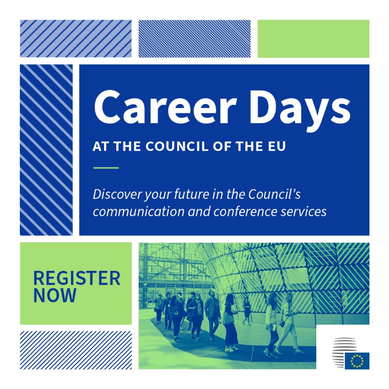 ⏰ Time’s almost up! Register now for our online Career Days on 27-29 September. 
👉 Register here: europa.eu/!fycCYg

📝 On the agenda: 
✔️ Council job opportunities 
✔️ meet future colleagues
✔️ EPSO competitions 
✔️ working in Brussels