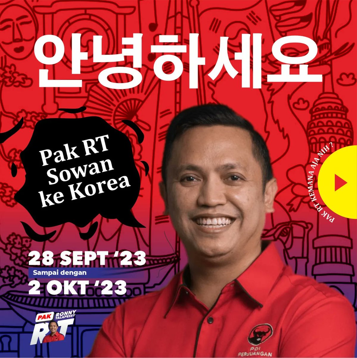 SobatRt's tweet photo. (1/3) Annyeonghaseyo👋, Pak RT bakal jalan-jalan ke Korea nih, sampai jumpa sobat-sobat Pak RT di Korea😍  #ronnytalapessy #pakrt #dapil2dki #adiltanpapandangbulu https://t.co/sic5zsR9XI