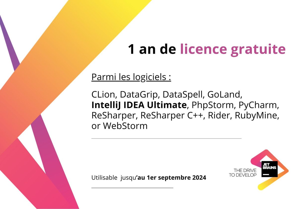 alexsoyes's tweet image. 𝗖𝗮𝗱𝗲𝗮𝘂 𝗽𝗼𝘂𝗿 𝗹𝗲𝘀 𝗱𝗲́𝘃𝗲𝗹𝗼𝗽𝗽𝗲𝘂𝗿𝘀 🎁

6 licences uniques de 1 an d'utilisation, offerte par @jetbrains 

Like ❤️ ou retweet 🔀 ce concours pour encore plus de cadeaux à gagner.