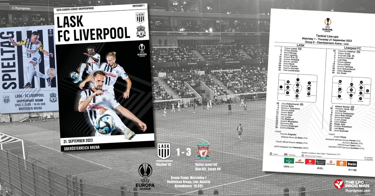 LFCProgMan's tweet photo. LASK v Liverpool 21/9/2023 #UEL #ASKLIV 16-page official programme & #UEFA tactical teamsheet #LFC
Smaller #LFCPROG is 16pp unofficial issue which was on sale around the city
Match photo courtesy of Washo 🙏 https://t.co/iVcOII6fIU