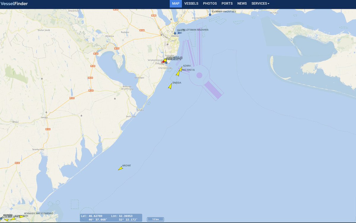 Amazing! Four ships in Ukraine's humanitarian grain corridor RIGHT NOW... 
Southbound: AROYAT
Northbound: AZARA, YING HAO 01, ENEIDA to export 127K tones of agroproducts and iron ore for China 🇨🇳 , Egypt 🇪🇬 and Spain 🇪🇸.  
vesselfinder.com/?imo=9748265