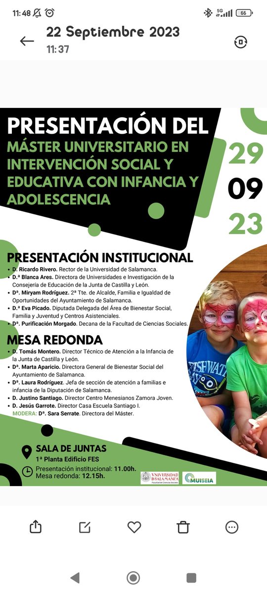 El viernes 29 de septiembre a las 11h tendrá lugar la inauguración del Máster Universitario en Intervención Social y Educativa con Infancia y Adolescencia #MUISEIA, dirigido por la Profesora Sara Serrate González <a href="/sarasg222/">sarasg</a>
¡Únete y No te lo pierdas!  #GIPEP #USAL #MUISEIA #CCSS
