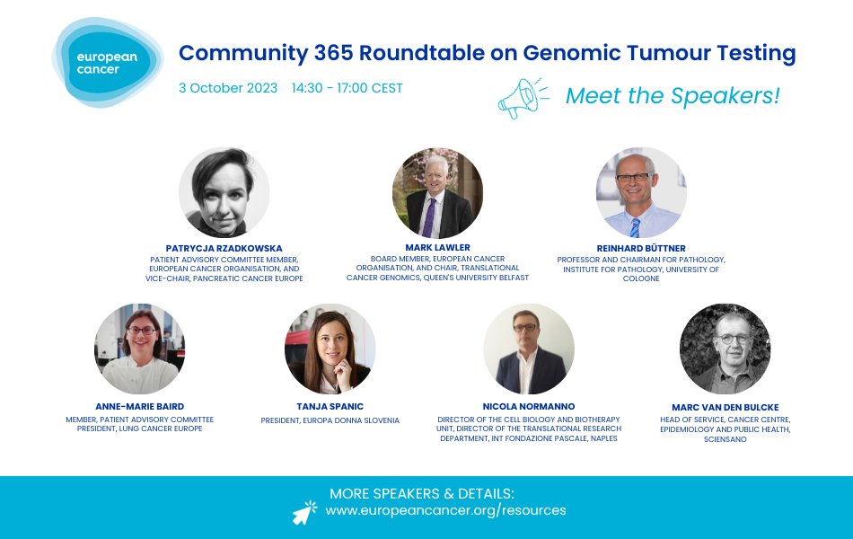 European Cancer Organisation (@europeancancer) on Twitter photo 🚨Event alert! 📢Community 365 Roundtable on Genomic Tumour Testing: Delivering Precision Goals in European Oncology🗓️ 3 October, 14:00 -17:30 CEST
Contribute to a frank discussion led by <a href="/PatRzadkowska/">Patrycja Rzadkowska</a> & <a href="/QUBCancerProf/">Mark Lawler</a> and other experts.
Register👉bit.ly/3K1GBf7 🚨Event alert! 📢Community 365 Roundtable on Genomic Tumour Testing: Delivering Precision Goals in European Oncology🗓️ 3 October, 14:00 -17:30 CEST
Contribute to a frank discussion led by <a href="/PatRzadkowska/">Patrycja Rzadkowska</a> & <a href="/QUBCancerProf/">Mark Lawler</a> and other experts.
Register👉bit.ly/3K1GBf7
