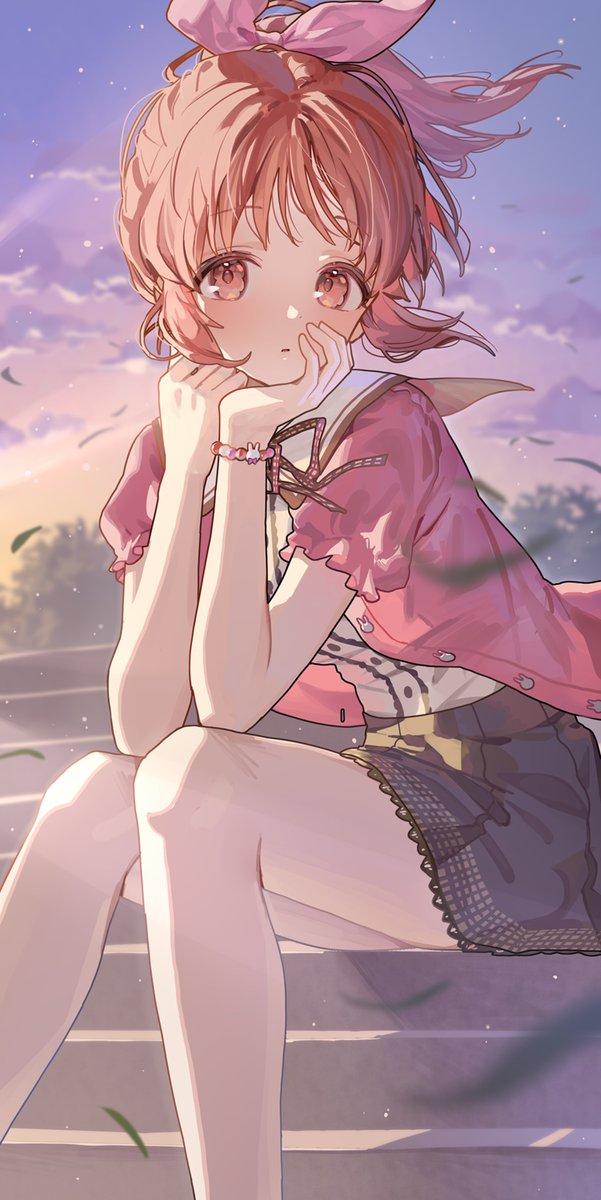 abe nana 1girl solo looking at viewer skirt sitting ponytail outdoors  illustration images