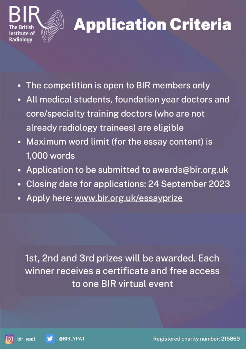 📢Remider📢

The deadline for our essay competition is this Sunday!

There are three prizes to win – and winners will be able to choose one BIR virtual event to attend free of charge. 

Apply here: shorturl.at/dpxzC

#radiology #juniordoctor #medicalstudents