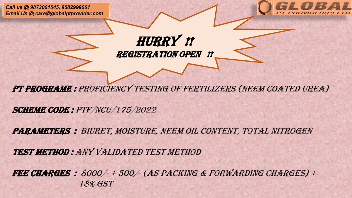 pt_limited's tweet image. #proficiencytesting #ptprograms #chemicalpropertiesofaggregate #fertilizers #neemoilcoatedurea #parametrs #sulphates #moisture #neemoilcontent #watersolublechloride #totalnitrogen #biuret #registrationisopen #hurryup