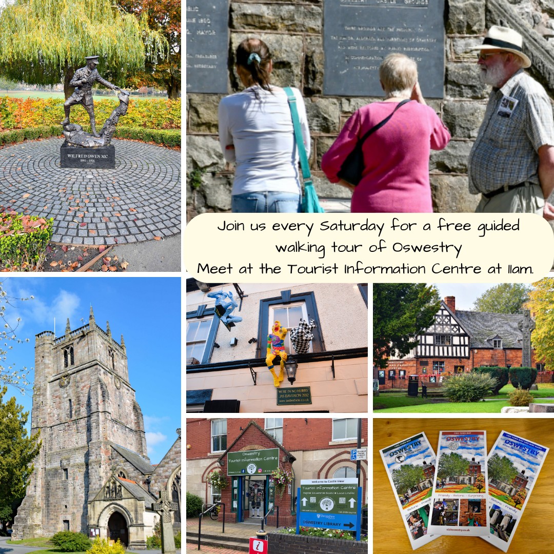 Discover more about Oswestry with a free guided walking tour of Oswestry.  Meet our volunteer guides at the TIC at 11am on Saturday.  This is the last tour of the season.
visitoswestry.co.uk