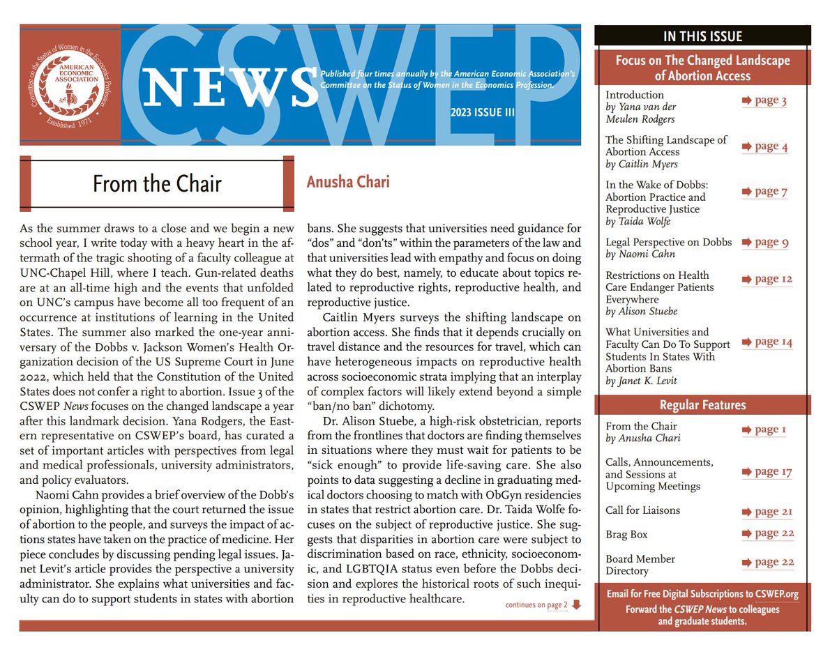 Caitlin Knowles Myers (@caitlin_k_myers) on Twitter photo Proud to be part of this groundbreaking issue of the <a href="/AEACSWEP/">CSWEP</a> newsletter on the changing landscape of abortion access. Took a brief trip through 5 decades of newsletter archives, and I'm pretty sure this is a first. Thanks <a href="/YanaRodgers/">Yana van der Meulen Rodgers</a> and <a href="/anusha_chari/">Anusha Chari</a>!
aeaweb.org/content/file?i⦠Proud to be part of this groundbreaking issue of the <a href="/AEACSWEP/">CSWEP</a> newsletter on the changing landscape of abortion access. Took a brief trip through 5 decades of newsletter archives, and I'm pretty sure this is a first. Thanks <a href="/YanaRodgers/">Yana van der Meulen Rodgers</a> and <a href="/anusha_chari/">Anusha Chari</a>!
aeaweb.org/content/file?iā¦