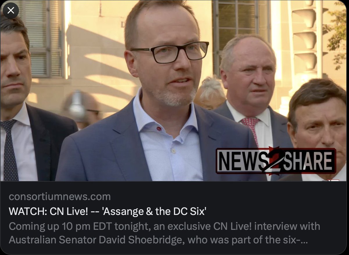 WATCH: 'Assange & the DC Six' consortiumnews.com/2023/09/21/wat… An exclusive interview with Senator @DavidShoebridge, who was part of the six-member delegation from the Australian Parliament that visited Washington to lobby for the release of imprisoned publisher Julian #Assange.