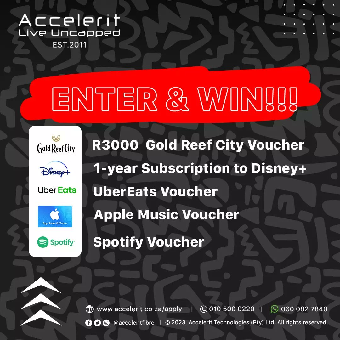 acceleritfibre's tweet photo. Prizes await the champions! π’π’
#Accelerit #Stayconnected #LiveUncapped #HeritageMonth #AcceleritDripChallenge #Competition #RWC2023 #PodcastAndChill #DSTVDeliciousFestival #BurnaBoy #TBT #Trending #Like https://t.co/WljeGrVvQU
