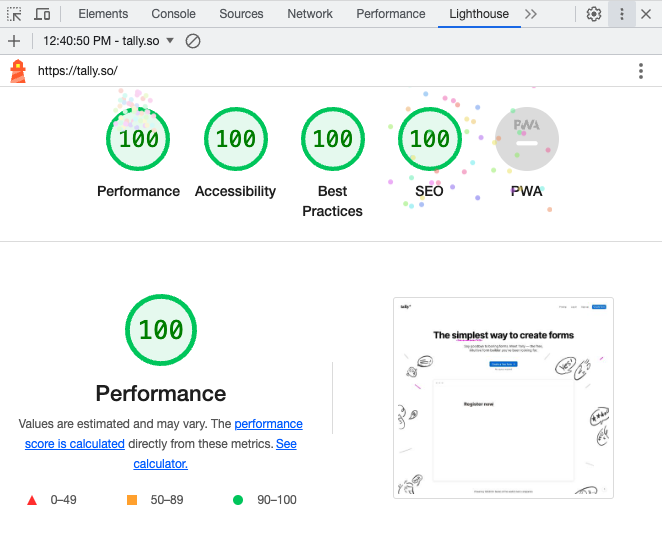 https://tally.so Lighthouse scores