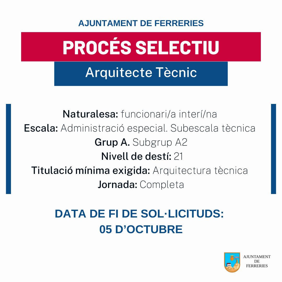 L’Ajuntament de Ferreries ha aprovat les bases i convocatòria per a la creació d’una borsa extraordinària de treball per a poder ser nomenades funcionàries interines d’administració especial, subescala tècnica, arquitectes tècnics (A2).

+ informació⬇️
ajferreries.org/Tauler/ObrirEd…