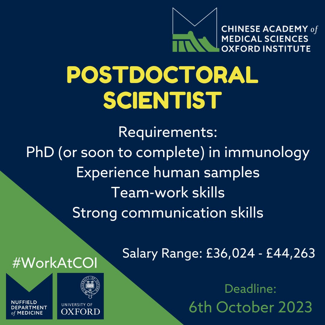Come and #WorkAtCOI as a #PostdoctoralScientist with @NickKanellakis. You would be working on #neutrophils in post-bacterial #PleuralInfection. COI is a great place to work, just ask any of our researchers! Apply now: my.corehr.com/pls/uoxrecruit…