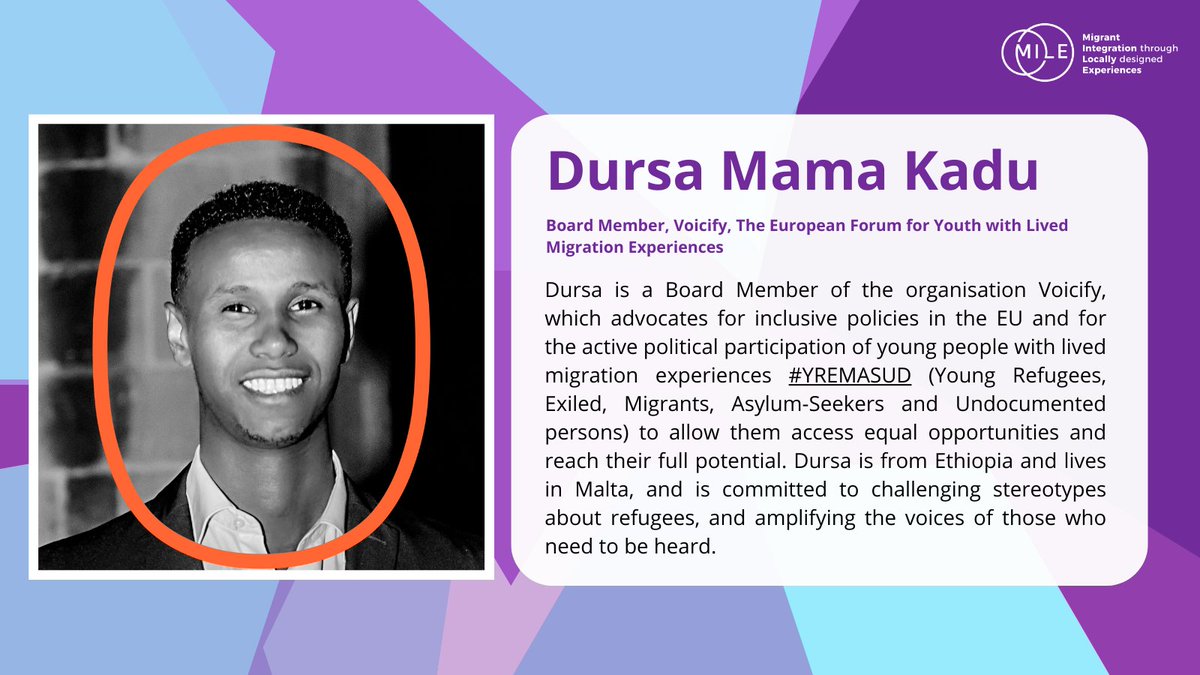 ✨Last but not least, our third speaker is Dursa Mama Kadu ✨ Dursa is a Board Member of @Voicify_EU, which advocates for inclusive policies in the EU and for the active political participation of young people with lived migration experiences #YREMASUD.