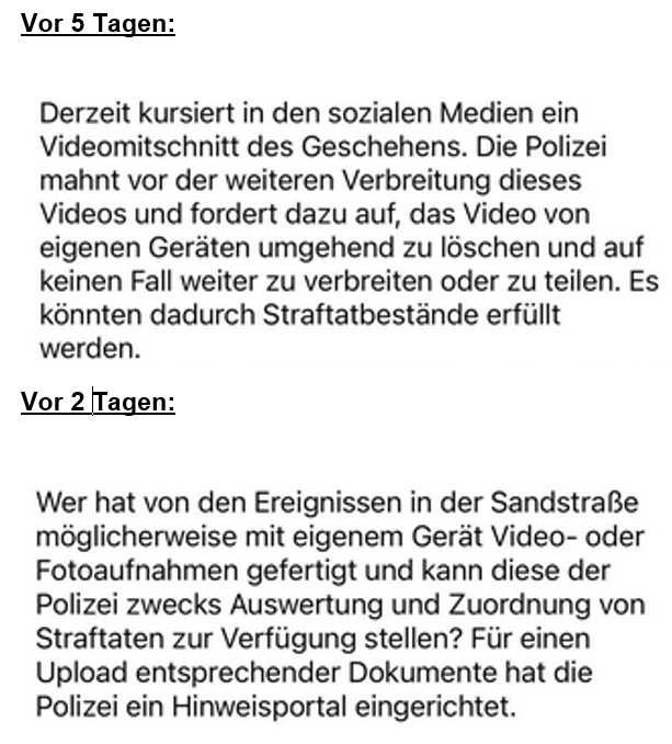 Beide  Meldungen stammen von dem Facbook Portal der Profis der Polizei Lübeck und Ostholstein. Die obere  Meldung ist fünf, die untere zwei Tage alt. Was sagt die verantwortliche  Innenministerin Sabine Sütterlin-Waack (CDU) zu dieser aberwitzigen  Vorstellung?