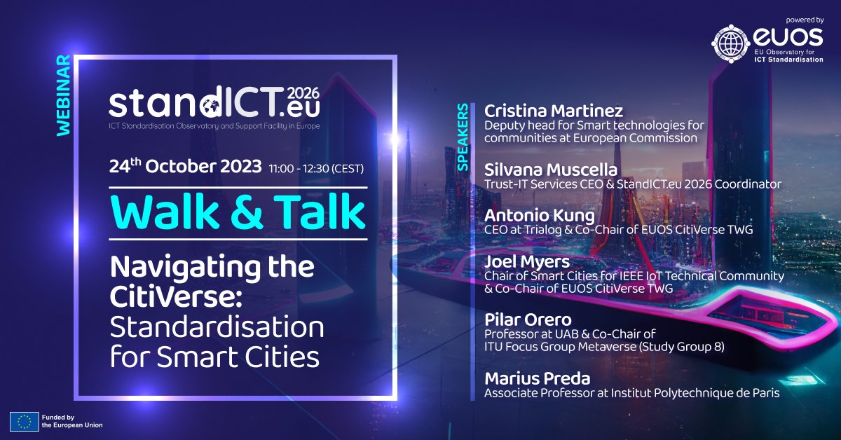 🚨Webinar alert🚨
⏱️24 October - 11:00 CEST
Join our next #CitiVerse "Walk &amp; Talk" Webinar, where we will present the (pre) #standardisation work on  CitiVerse  (#Metaverse for Citizens) carried out within our #EUOS TWG 🙌
More info &amp; registration⤵
standict.eu/events/walk-ta…