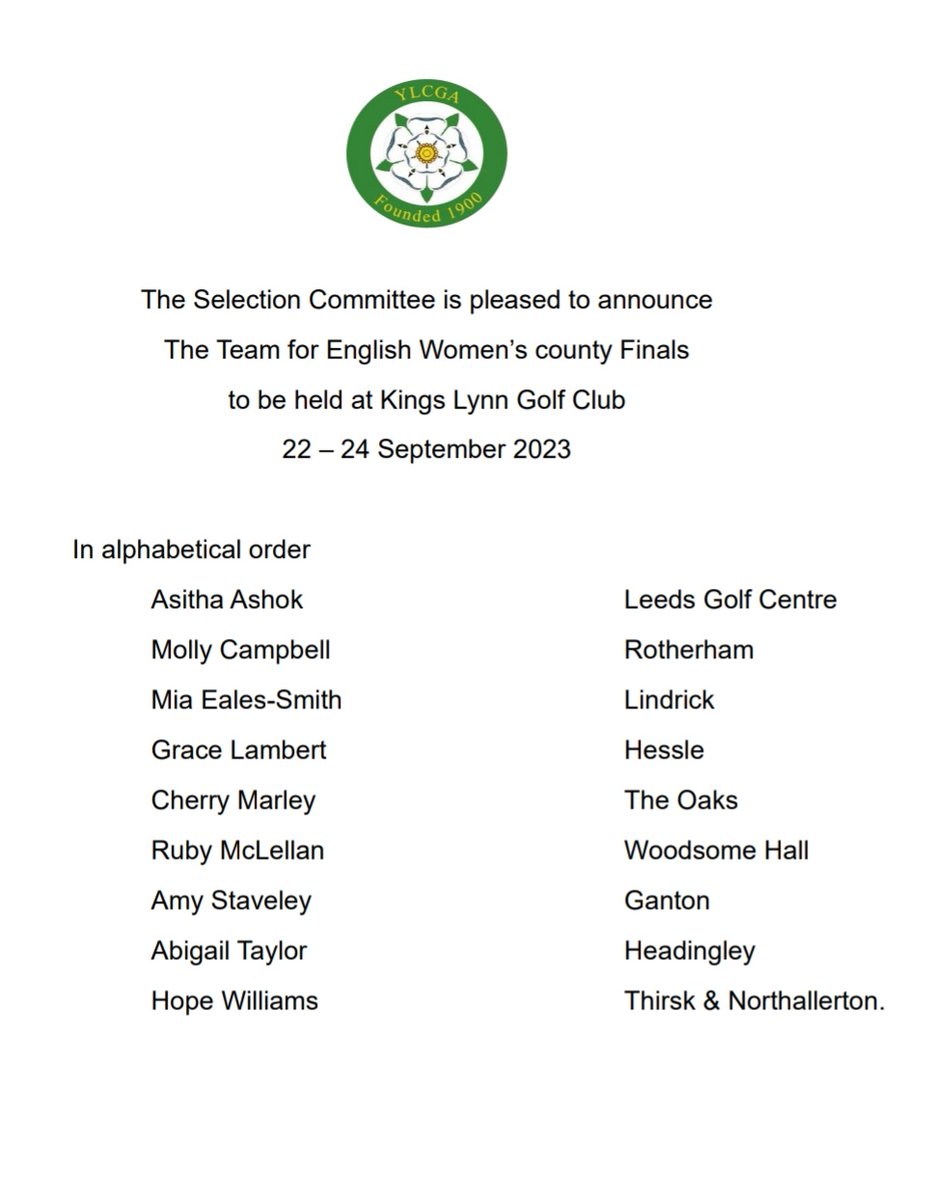 Very best wishes to one of our juniors, Hope Williams, who is part of the <a href="/ylcga/">YLCGA- Yorkshire Ladies County Golf Association</a> team participating in the <a href="/EnglandGolf/">England Golf</a> Women's County Finals.
Good luck Hope, play well and enjoy every minute.
Best wishes to the whole team
Go Yorkshire!🤞⛳️