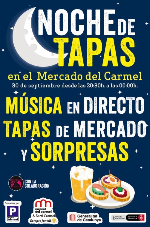 MercatDelCarmel's tweet photo. 🌙🎸El dissabte 30 de setembre a les 20.30h, gran cita amb la Nit de Tapes!! Amb música en directe. No te la perdis!! @MercatsBCN @GarridoCarme @FMCarmel @bcn_hg @coralffargues @ccteixonera #nitdetapes #música🌙🎸 https://t.co/MPnzAzV1vS