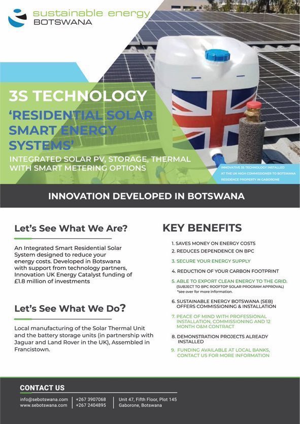 #FridayFacts DYK our innovative <a href="/3sCleanEnergy/">3s</a> smart residential solar system will
👉🏾save you money on your energy costs💵
👉🏾Provide energy security🔋
👉🏾Become a clean energy supplier⚡️
👉🏾Reduce your CO2 footprint⛽️
Be part of the #Botswana clean energy transition #SDG13