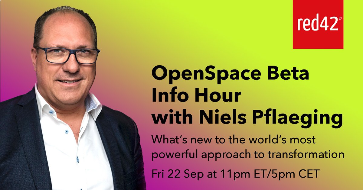 NielsPflaeging's tweet image. Later today I will host this free Info Hour on the #OpenSpaceBeta approach to Very Fast Organizational Transformation. Learn the latest news around OpenSpace Beta and get all your questions around Beta #transformation answered! eventbrite.com/e/info-hour-op… #betacodex #collaboration