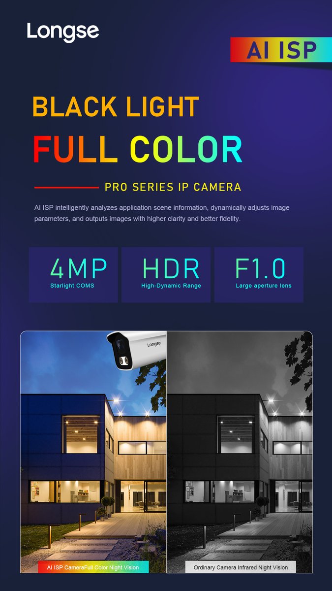 Longse_Group's tweet image. What makes our 4MP full-color IP cameras so great? Our impressive #AI ISP technology renders in color what others can only do in black and white or unclear. #blacklight #4mp #camera #fullcolor #ipcam