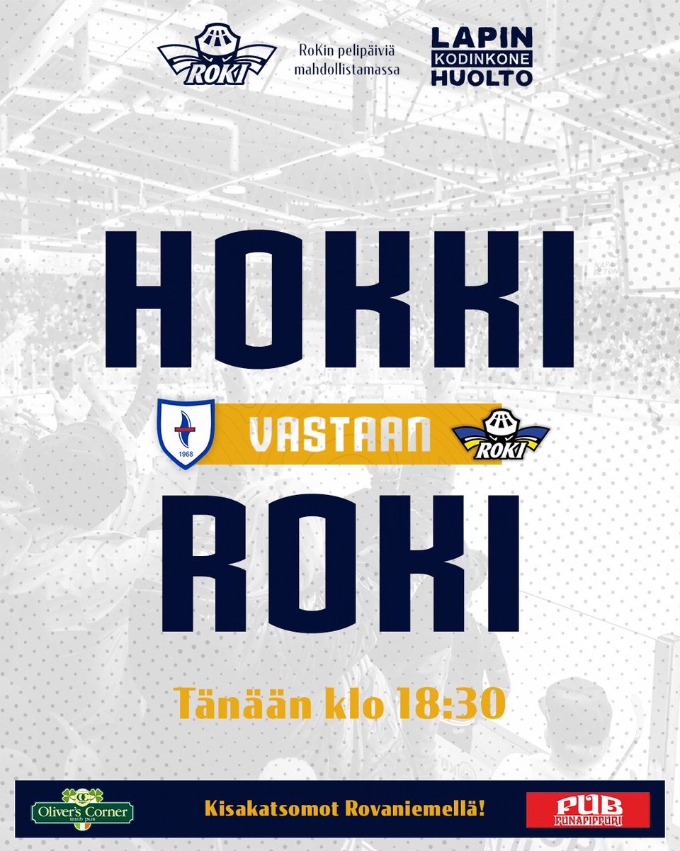 RoKi Hockey (@rokihockey) on Twitter photo PELIPÄIVÄ! 🔵⚪️🟡
Kausi käyntiin tänään Kajaanissa. 🔥
Kisakatsomot palvelevat myös alkavalla kaudella tuttuun tapaan Oliver’s Cornerissa ja Pub Punapippurissa!
🆚: <a href="/KajaaninHokki/">Kajaanin Hokki</a>
📍: Kajaani
🕢: 18:30
📺: <a href="/CMoreSportFi/">MTV Urheilu 🇫🇮</a>
#RoKi #Mestis #LätkässäLappiin PELIPÄIVÄ! 🔵⚪️🟡
Kausi käyntiin tänään Kajaanissa. 🔥
Kisakatsomot palvelevat myös alkavalla kaudella tuttuun tapaan Oliver’s Cornerissa ja Pub Punapippurissa!
🆚: <a href="/KajaaninHokki/">Kajaanin Hokki</a>
📍: Kajaani
🕢: 18:30
📺: <a href="/CMoreSportFi/">MTV Urheilu 🇫🇮</a>
#RoKi #Mestis #LätkässäLappiin