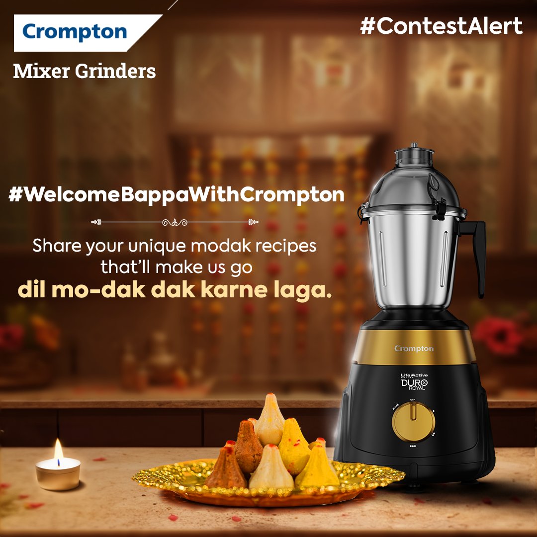 Crompton_India's tweet photo. #ContestAlert 🚨  #WelcomeBappaWithCrompton
Get a chance to win Crompton's Mixer Grinder!!

Simply share your favourite ganesh chaturthi delicacy with us in the comment section and tag us using #WelcomeBappaWithCrompton for a chance to win Crompton's Mixer Grinder🏆 https://t.co/mFbFSHh4OZ