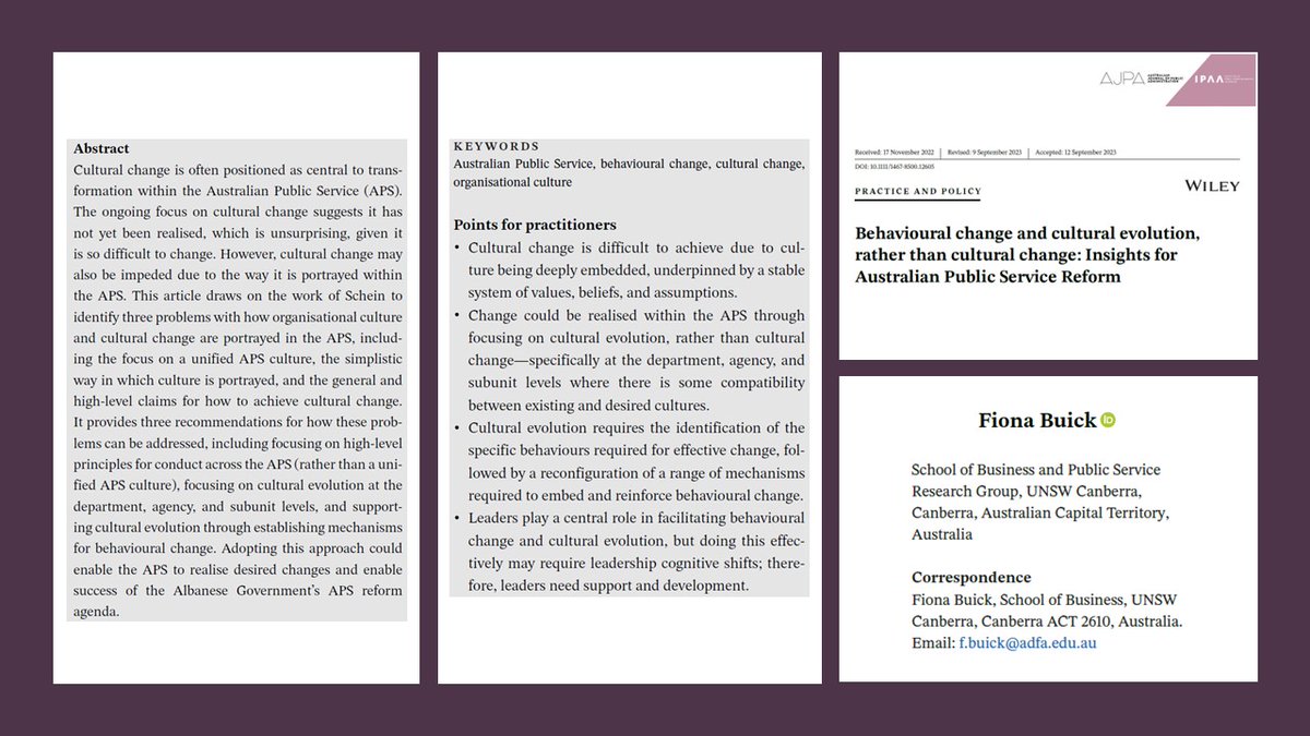 AJPA (@ausjpa) on Twitter photo 📣🆕Early view❗️
Why & how is #organisationalculturalchange difficult❓
<a href="/fibuick/">Fiona Buick</a> applies #EdgarSchein's work & discusses the 3⃣major problems with how #organisationalculture & #culturalchange are portrayed in the 🇦🇺 Public Service👇
onlinelibrary.wiley.com/doi/full/10.11… 📣🆕Early view❗️
Why & how is #organisationalculturalchange difficult❓
<a href="/fibuick/">Fiona Buick</a> applies #EdgarSchein's work & discusses the 3⃣major problems with how #organisationalculture & #culturalchange are portrayed in the 🇦🇺 Public Service👇
onlinelibrary.wiley.com/doi/full/10.11…