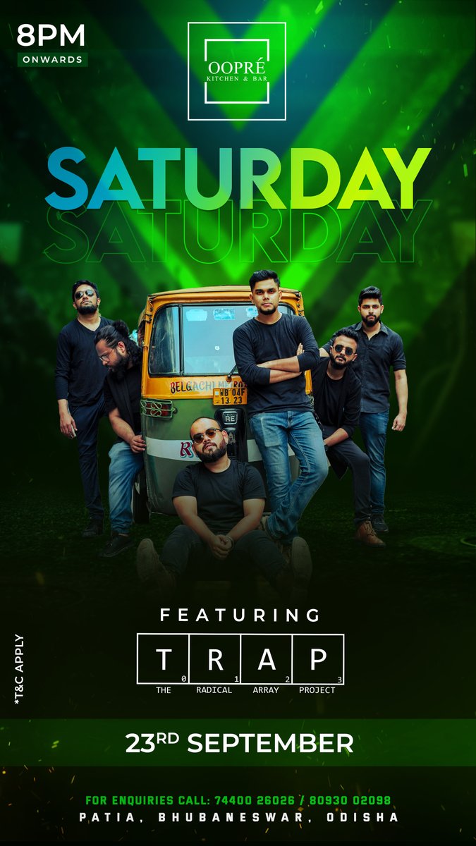 Join us this Saturday for a melodic journey with Trap's live at Oopre! 🎤 
🅨🅞🅤🅡 🅟🅛🅐🅒🅔, 🅨🅞🅤🅡 🅥🅘🅑🅔.
RSVP 📲 7440026026/ 8093002098
T&C Apply.
#oopre #oopreofficial #livemusic #trap #livesong #rooftopbarandkitchen #rooftop #barandkitchen #bhubaneswar