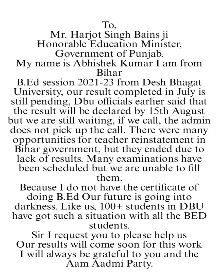 AbhishekBgs98's tweet photo. Sir, you are known as a good protector in the world of education. The future of us students is now in your hands. Please consider the letter written by me to you.🙏
@BhagwantMann @ugc_india @NitishKumar @harjotbains @PunjabGovtIndia @schooledu_pb https://t.co/4VhTuzavqv
