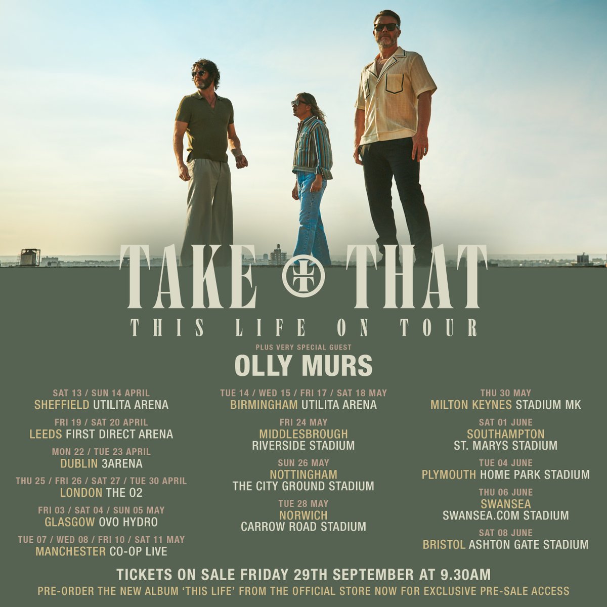 takethat's tweet photo. Tickets go on general sale Friday 29th September at 9:30 AM BST. Pre-sale starts on Wednesday 27th at 9:30 AM BST. It’s been such a pleasure making this album and we can’t wait to perform some songs live. https://t.co/7ElauYKxH8 https://t.co/AB27bNvtDI