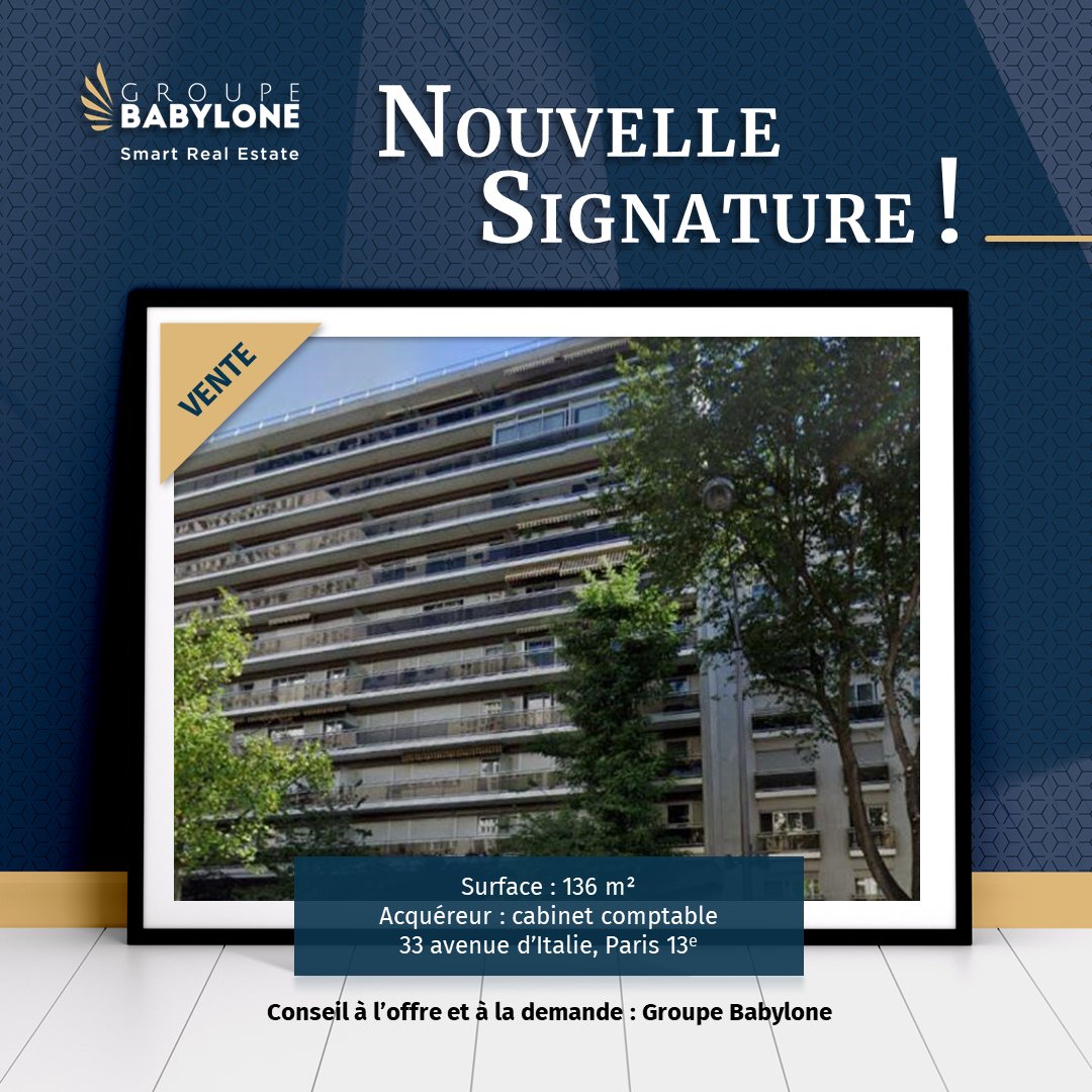 Nouvelle vente : un cabinet comptable vient d'acquérir une surface de 136 m² de bureaux, au 33 avenue d'Italie, 13e arrondissement de la Ville de Paris. Une transaction réalisée par le département Bureaux de Groupe Babylone, conseil des deux parties.