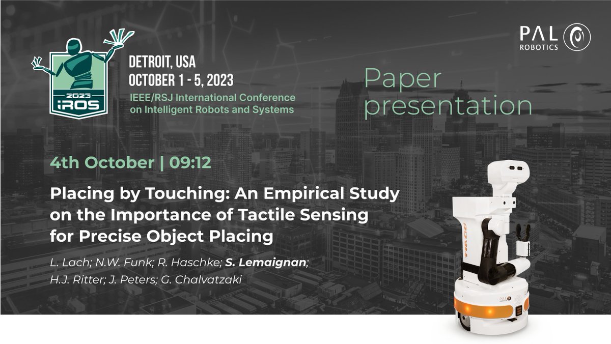 PhD student and our former colleague, Luca Lach, is here at #IROS2023 to redefine object placing with tactile sensing. Hear his #research paper session on tests conducted with the TIAGo #robot and grasp the importance of touch in #robotics. 🧠🖐️ @ieeeiros @skadge