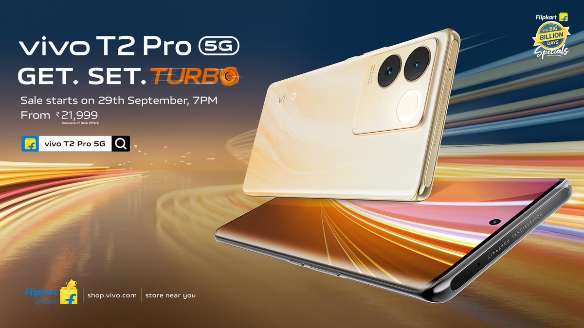 geeksachin_'s tweet photo. Vivo t2 pro 5g launched in india

8GB+128GB =₹23,999
8GB+256GB=₹24,999

FIRST Sale Start on 29th September 🔥

#vivoT2Pro5G #vivot2pro https://t.co/1jCbuGmq6Q
