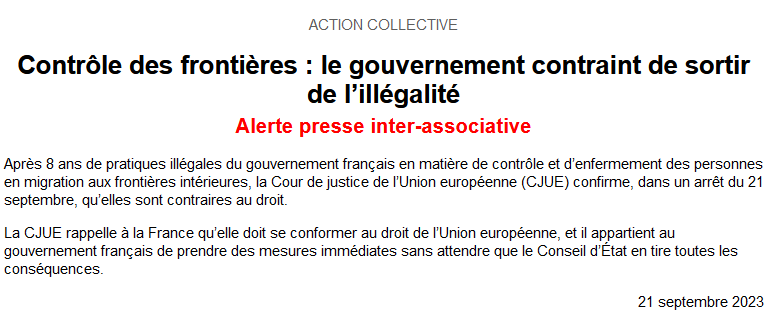 📢Après 8 ans de pratiques illégales de la France en matière de contrôle et d’enfermement des personnes en migration aux frontières intérieures, la Cour de Justice de l’Union Européenne a confirmé hier qu’elles sont contraires au droit et demande des mesures immédiates.
<a href="/legisti/">Le Gisti</a>