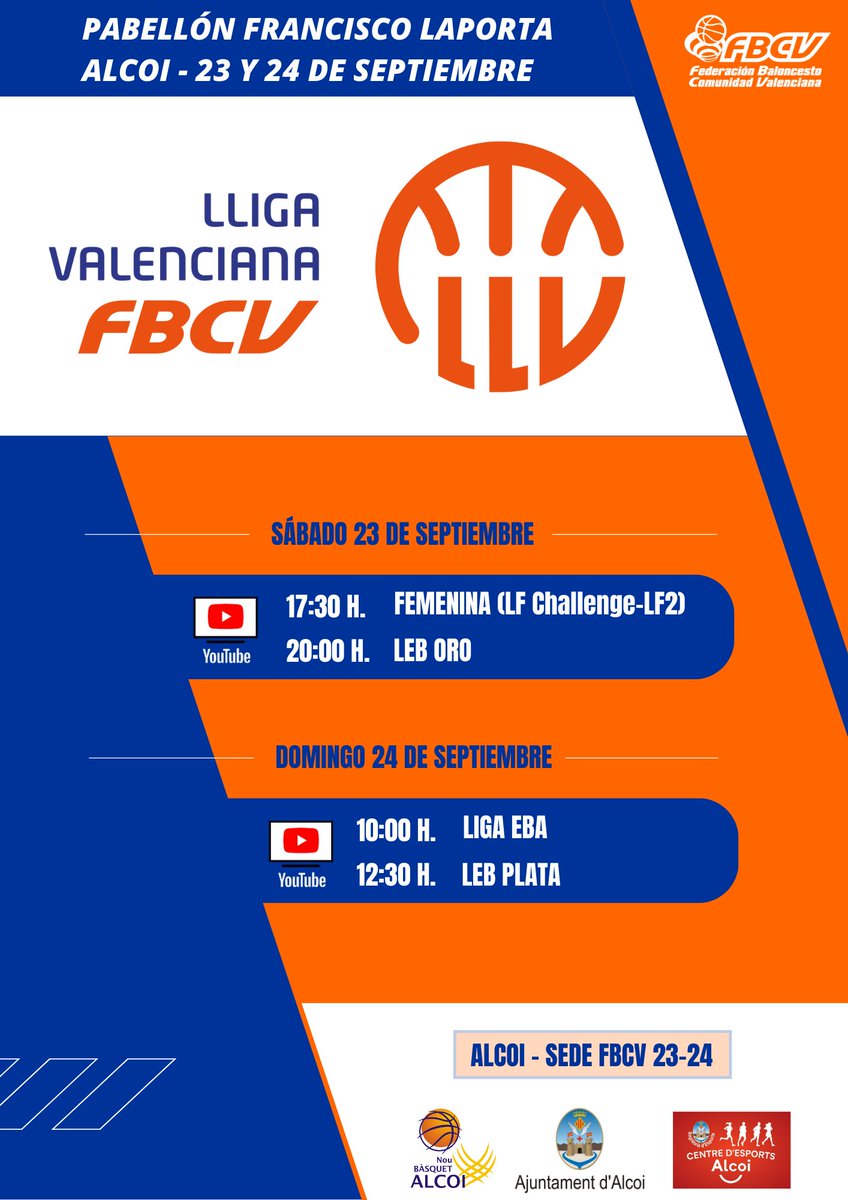 FBCV (@fbcv_es) on Twitter photo La #LligaValenciana2023 decide sus campeones en Alcoi ➡️ bit.ly/3Lz0IlD
Final Oro 👉 <a href="/FundLucentum/">𝗛𝗟𝗔 𝗔𝗟𝗜𝗖𝗔𝗡𝗧𝗘</a> - <a href="/AmicsCastello/">Amics Castelló</a>
Final Femenina 👉 <a href="/NBF_Castello/">N.B.F. Castelló</a> - <a href="/basquetpaterna/">Nou Bàsquet Paterna</a>
Final Plata 👉 <a href="/cblhortagodella/">CB L'Horta Godella</a> - <a href="/cbalginet/">Club Basquet Alginet</a>
Final EBA 👉 <a href="/LAlqueriaVBC/">L'Alqueria del VBC</a> - <a href="/ebvilareal/">EB Vila-real</a> La #LligaValenciana2023 decide sus campeones en Alcoi ➡️ bit.ly/3Lz0IlD
Final Oro 👉 <a href="/FundLucentum/">𝗛𝗟𝗔 𝗔𝗟𝗜𝗖𝗔𝗡𝗧𝗘</a> - <a href="/AmicsCastello/">Amics Castelló</a>
Final Femenina 👉 <a href="/NBF_Castello/">N.B.F. Castelló</a> - <a href="/basquetpaterna/">Nou Bàsquet Paterna</a>
Final Plata 👉 <a href="/cblhortagodella/">CB L'Horta Godella</a> - <a href="/cbalginet/">Club Basquet Alginet</a>
Final EBA 👉 <a href="/LAlqueriaVBC/">L'Alqueria del VBC</a> - <a href="/ebvilareal/">EB Vila-real</a>