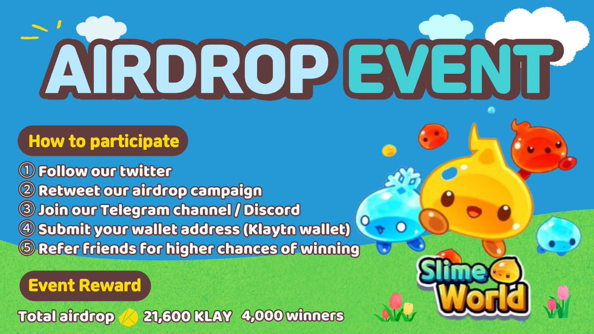 #Slime World is running a massive 21,600 KLAY
 #airdrop campaign in  tokens!

Join our Gleam competition:
🔗 gleam.io/HxSOv/nada

Follow all the rules and tag your friends to join the airdrop campaign!

#Metaverse #Giveaway #web3  #NADA