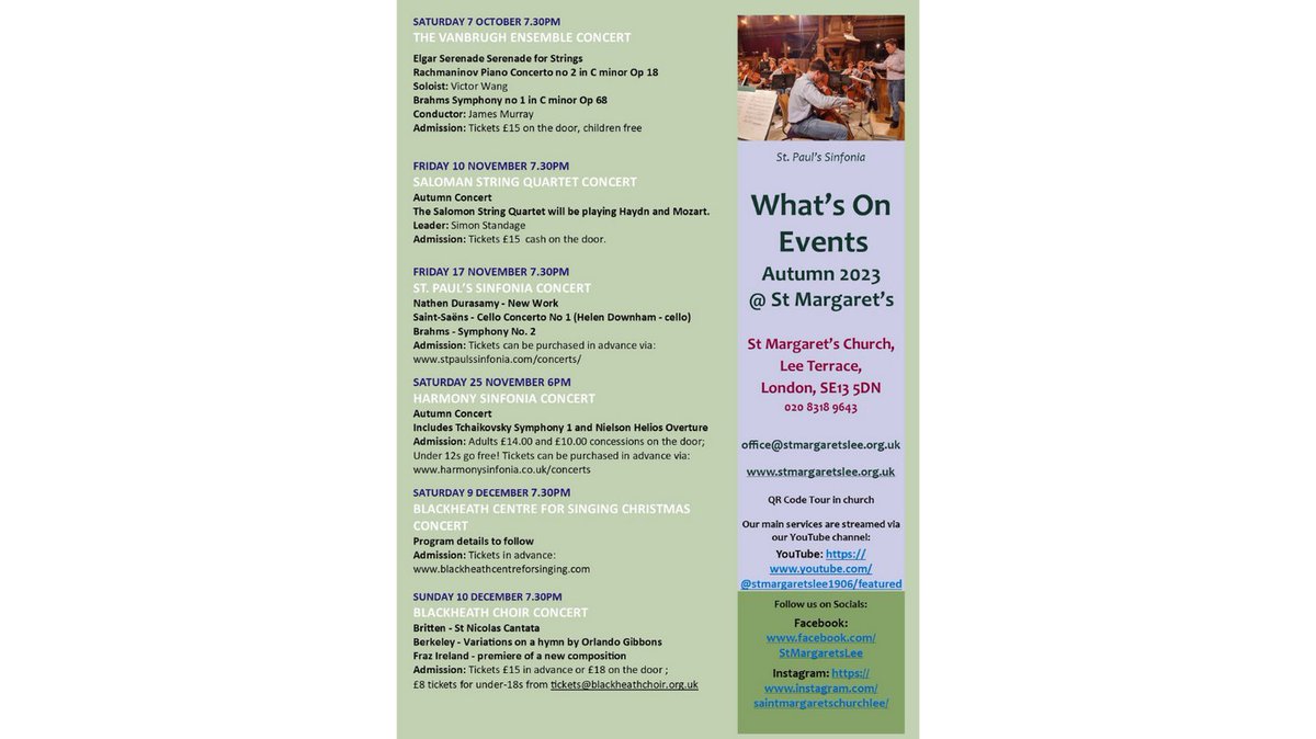 Planning ahead?? See what concerts we will be holding at St. Margaret's Church over the autumn term in this poster. 
#classicalmusicconcert #churchforhire #concertsinchurch #harmonysinfonia #thevanbrughensemble #stpaulssinfonia #salomanstringquartet