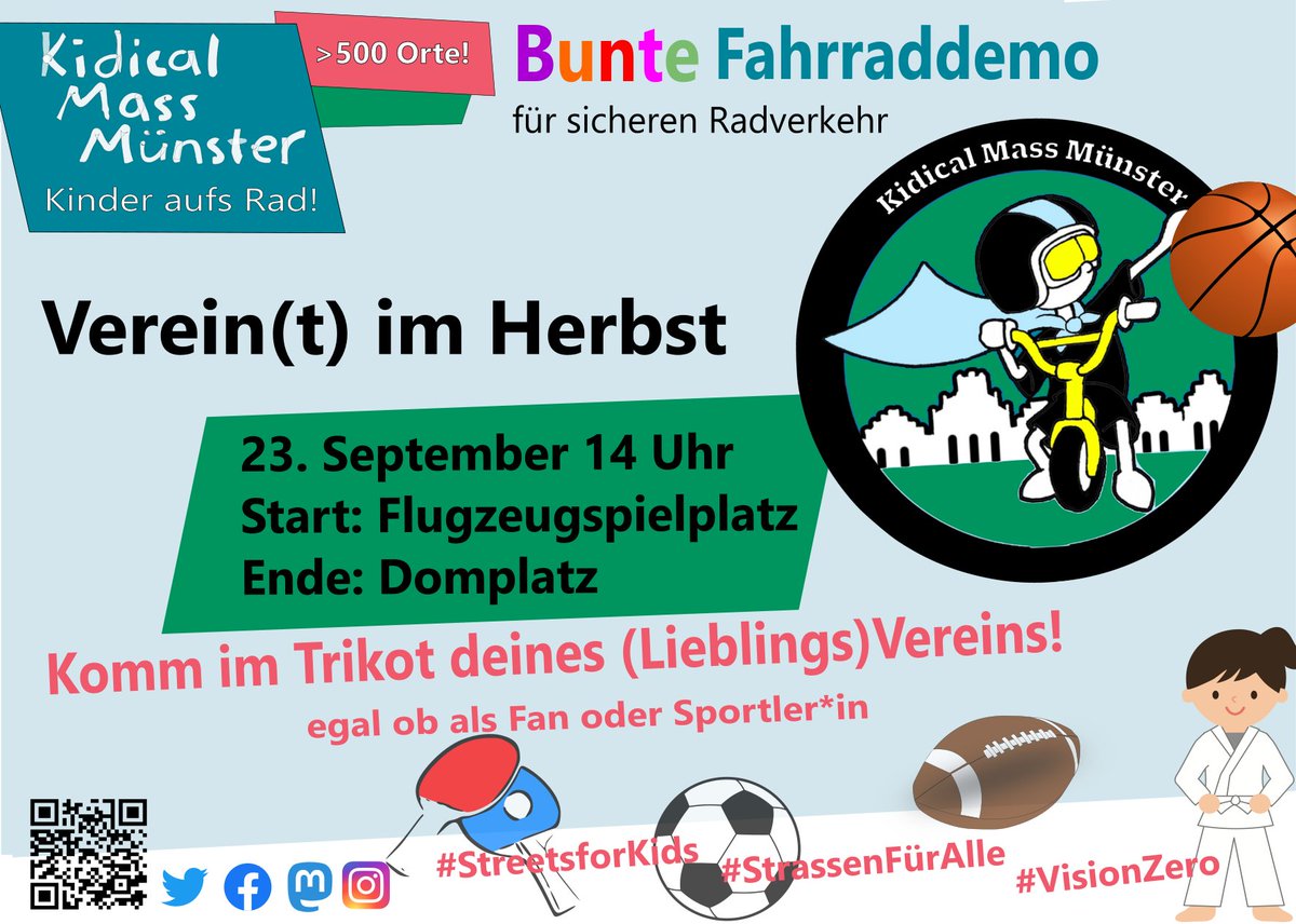 Am Wochenende in #Münster noch nichts vor? Dann schnell das Trikot deines Lieblingsvereins/-sportart überziehen und die #KidicalMass mitfahren. 

Oder unter kinderaufsrad.org nach Touren in deiner Nähe gucken.  

#kinderaufsrad das ist #verkehrswende ja