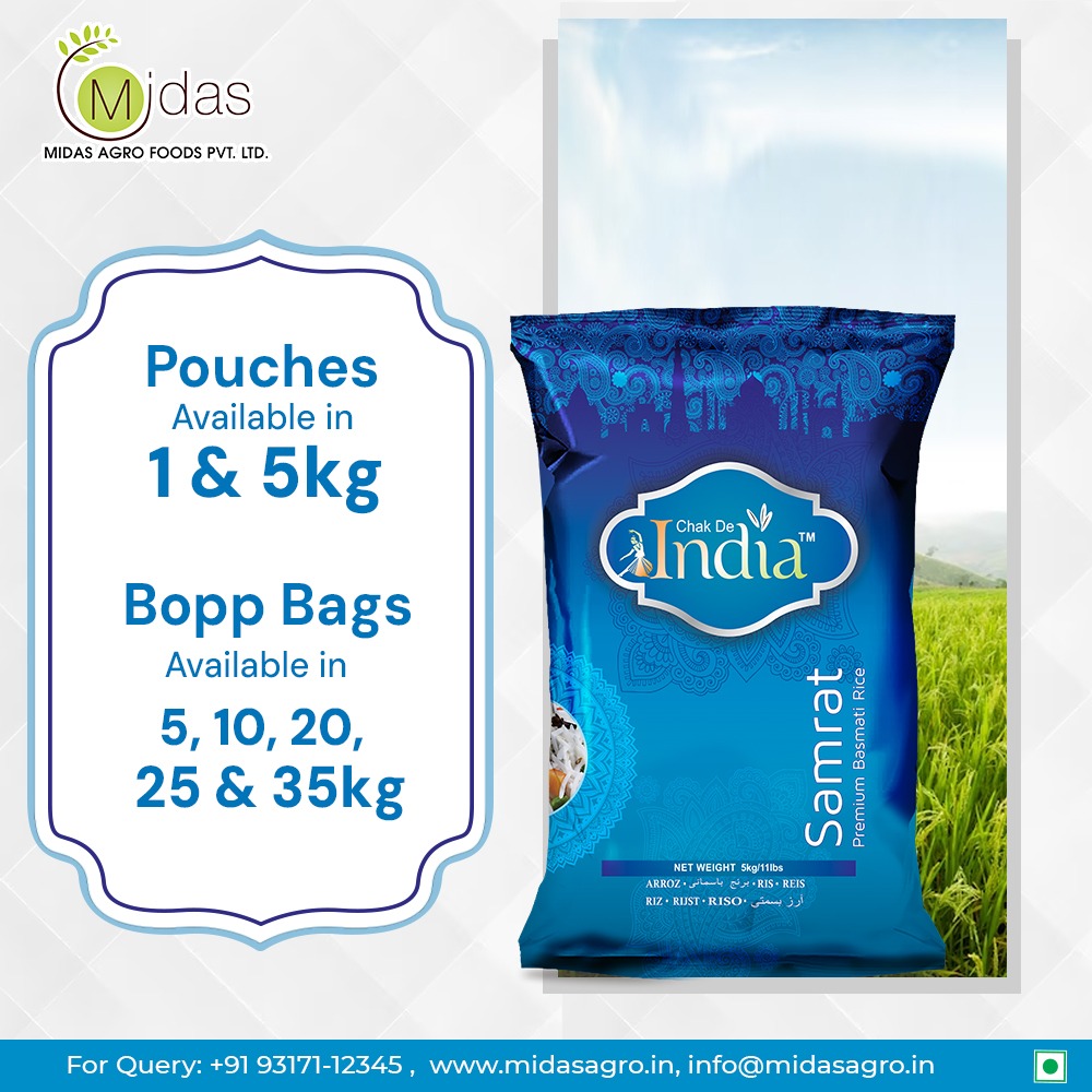 #MidasAgroRice
Versatile Packaging Options:
Pouches Available in 1 & 5kg
Bopp Bags Available in 5, 10, 20, 25 & 35kg
.
.
.
#packagingoptions #pouches #boppbags #weightvarieties #samrat #foodie #recipe #basmatirice #longgrain #mashkoorbasmatirice #midasagro
midasagro.in