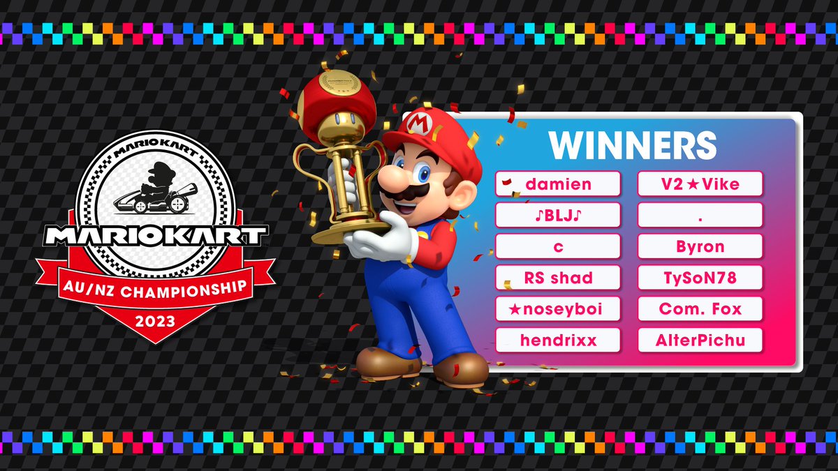 NintendoAUNZ's tweet image. Huge congrats to the twelve #MarioKart 8 Deluxe racers who will be going on to compete LIVE at @PAXAus in two weeks. 👏

Big thank you to all participants over the last two months!
Check out the runners-up: spkl.io/60104mHZj