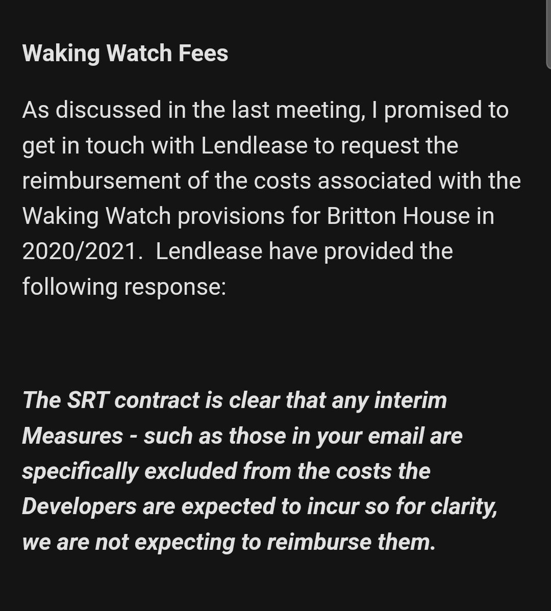 We paid £1000's in waking watch fees to ensure our safety in <a href="/Lendlease/">Lendlease</a> build with numerous fire safety issues

Now <a href="/Lendlease/">Lendlease</a> a global professional developer won't reimburse the costs as <a href="/Conservatives/">Conservatives</a> haven't forced them to!

Do the right thing!

#EndOurCladdingScandal