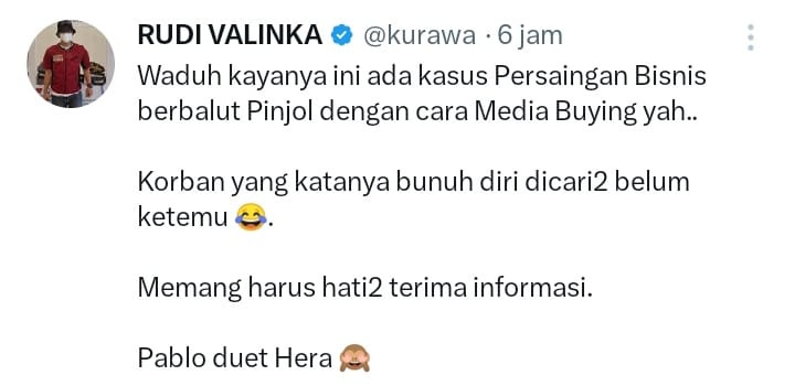 RT KERAS!! 
Tantangan pada <a href="/kurawa/">RUDI VALINKA</a> dan gerombolannnya! Kami bisa menemukan keluarga korban bunuh diri atas teror DC pinjol tsb asal dia atau <a href="/adakamiofficial/">AdaKami</a> bersedia mengganti rugi 20 miliar atas kehilangan nyawa kepala keluarga mereka! 
Cc: <a href="/Heraloebss/">Miss Tweet |</a>