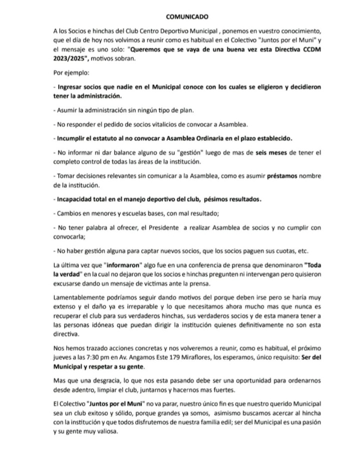 JuntosporelMuni's tweet photo. Comunicado del Colectivo "Juntos por el Muni" a los Socios e Hinchas del Club Centro Deportivo Municipal. https://t.co/ypGubOmKL8