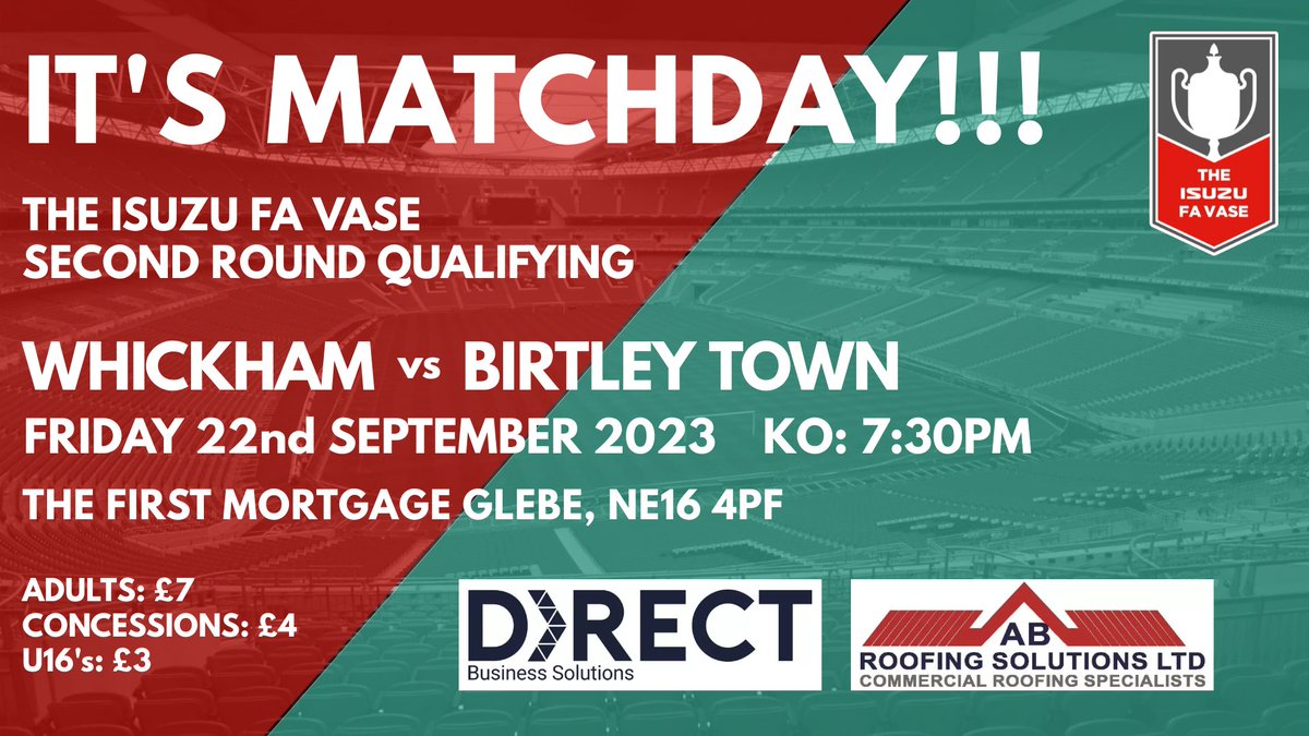 IT'S MATCHDAY!! | We make the short trip up to <a href="/WhickhamFC/">Whickham FC</a> tonight for our FA Vase 2nd Qualifying Round tie! Be there!

PREVIEW ⤵️
birtleytownfc.co.uk/event/whickham…

#FridayNightFootball #DerbyDay
#NonLeague #UpTheHoops #HowBigIsYourMorrisons