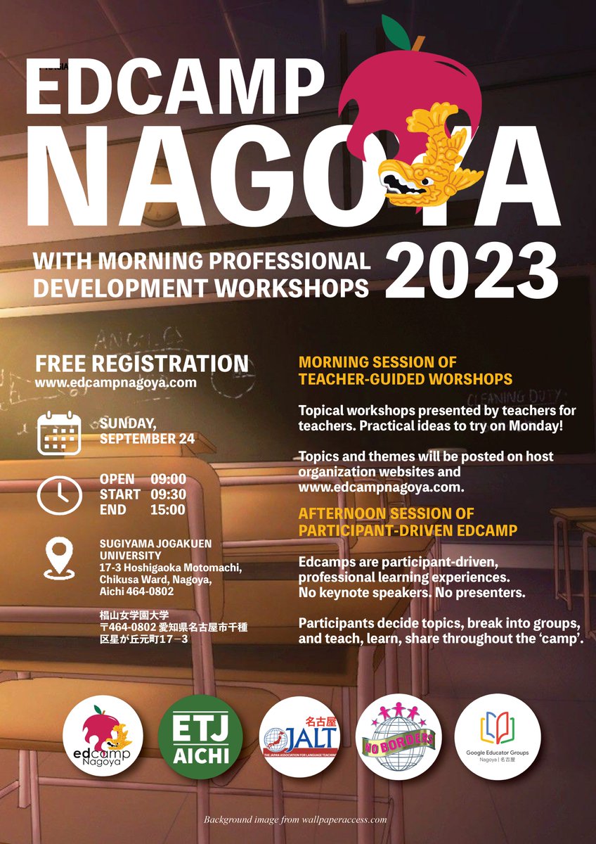 Why attend #EdcampNagoya 2023? Reason #1: Good people, engaging sessions and conversations, a little SWAG. (and it’s free) Join us at Edcamp Nagoya! Sunday September 24!

Registration still open: tinyurl.com/2b84guod
Learn more: edcampnagoya.com
#edchat #EdcampNagoya