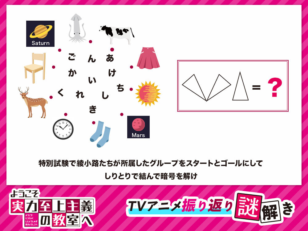 youkosozitsu's tweet photo. ◤￣￣￣￣￣￣￣￣￣
#よう実 TVアニメ
振り返り謎解き
＿＿＿＿＿＿＿＿＿◢

アニメ2期第1話を見て
謎解きに挑戦！

🔻解���の入力はこちら！ https://t.co/9EZr32wOp8

解答を入力し正解ポスト
&amp;公式Xをフォローすると
抽選で1名様に番宣ポスターをプレゼント🎁

#you_zitsu https://t.co/EoiBQ2fsC7