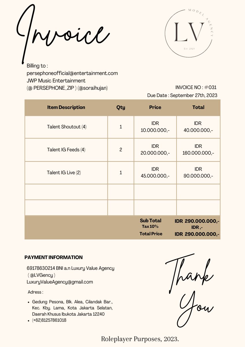 Dear, Persephone
( <a href="/PERSEPHONE_ZIP/">PERSEPHONE OFFICIAL.</a> <a href="/soraihujan/">黄, 𝖯𝗋𝗂𝗆𝗋𝗈𝗌𝖾.</a> ) 

We just sent you the invoice #031. Please don't hesitate to reach out if you have any questions. We look forward to conducting our future business.

🖇️ INVOICE_LV_PERSEPHONE

Regards,

Luxury Value Agency.