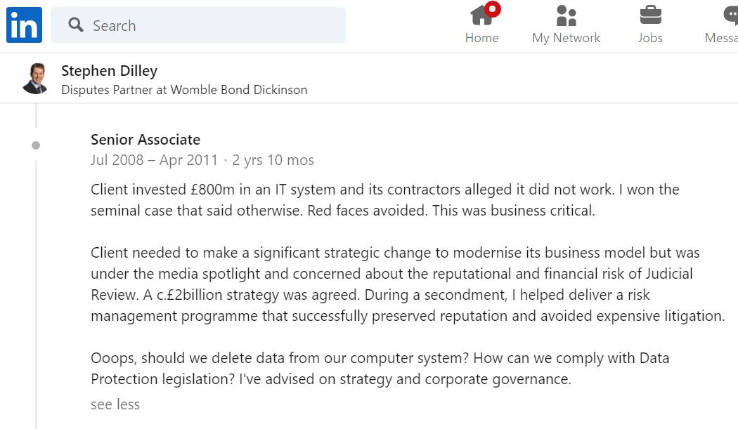 brianwhelton's tweet image. Thinking about Stephen Dilley (he'd like that), he laboured the point that he wouldn't have say 'We'll ruin you' to Lee Castleton, it didn't 'sound like something he'd say'
Does his LI profile sound like the person he was trying to be yesterday?
#PostOfficeScanda #Oops #RedFaces