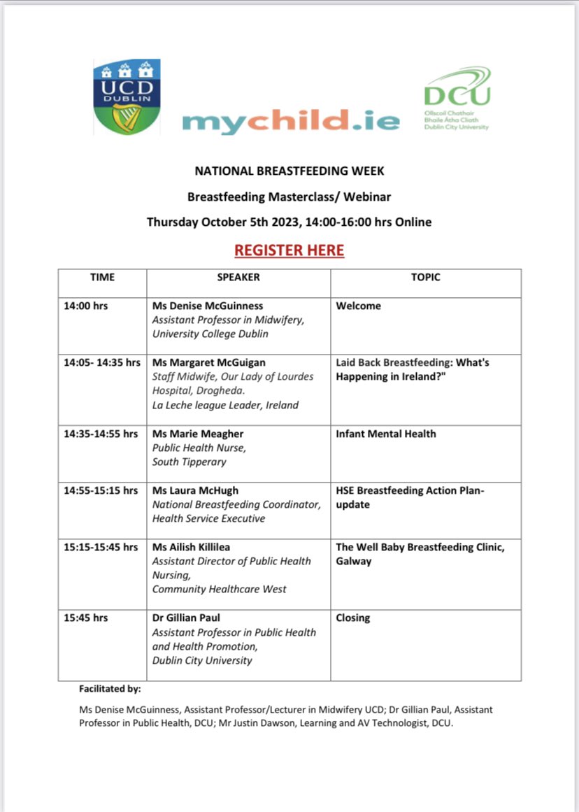 denise_mcguin's tweet photo. National Breastfeeding Week Masterclass/webinar presented @ucdsnmhs @ucddublin &amp; @DCU @DCUSNPCH on Thursday 5 th October 1400 hrs 
Open to all healthcare professionals interested in 🤱🏻🤱🏾and 🤱🏼support colleagues @missniamhyvix 
Here is the link to register 
https://t.co/E4758uVWHp https://t.co/0uQoioagwm